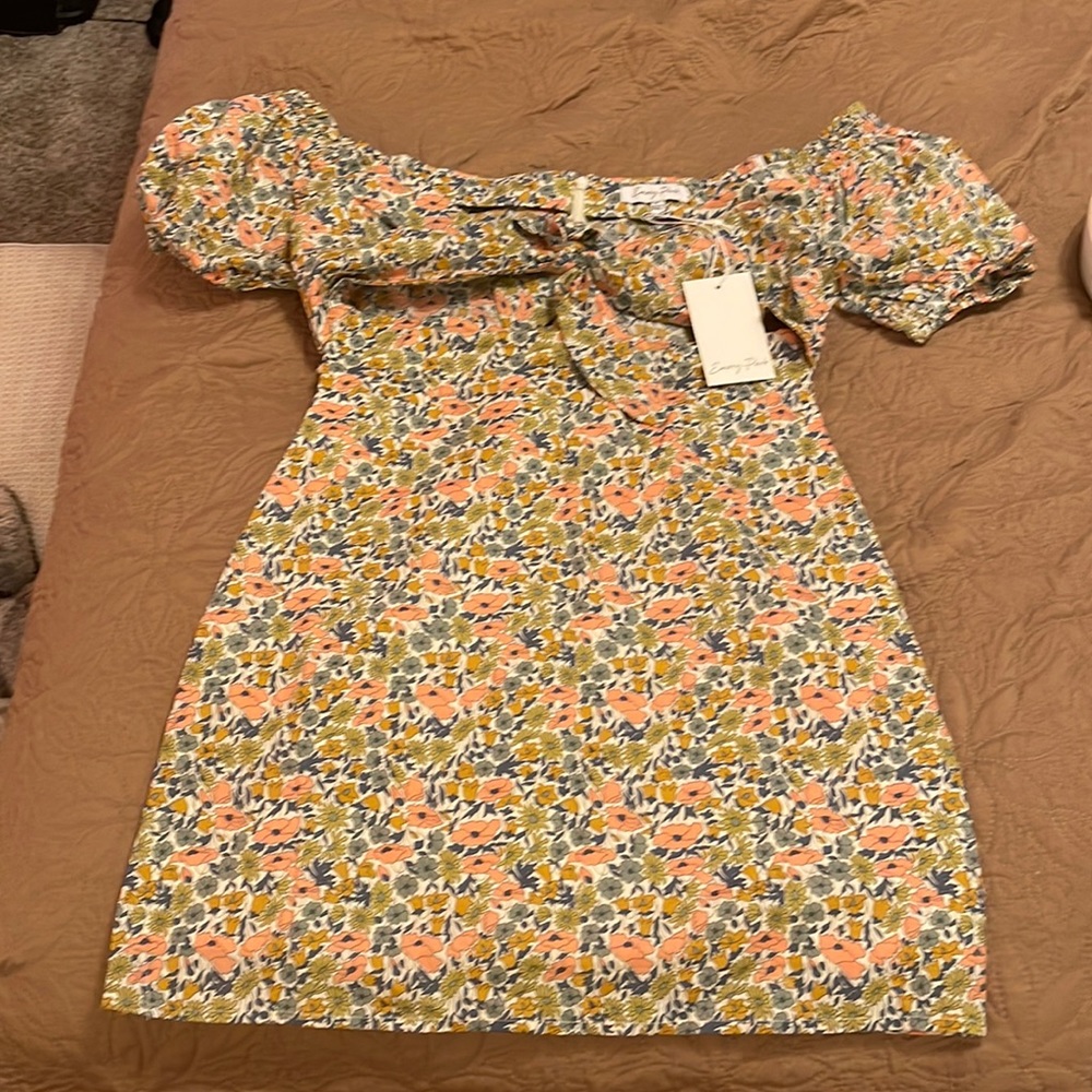 Floral off shoulder mini dress. Sage, coral & cream color.
